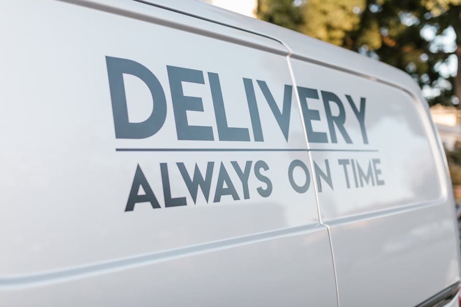 A young man wearing a white t-shirt and jeans is standing on the pavement beside a white panel van with its rear doors open. He is handling a cardboard box, part of a stack of similar boxes, which are